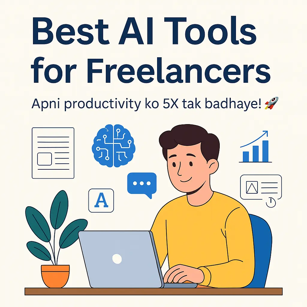 Best AI Tools for Freelancers: Flat style digital illustration highlighting top AI tools used by freelancers for content creation, design, automation, and productivity. Free AI tools for content creators, Productivity tools for freelancers, AI tools for bloggers and designers, AI tools for freelance work.